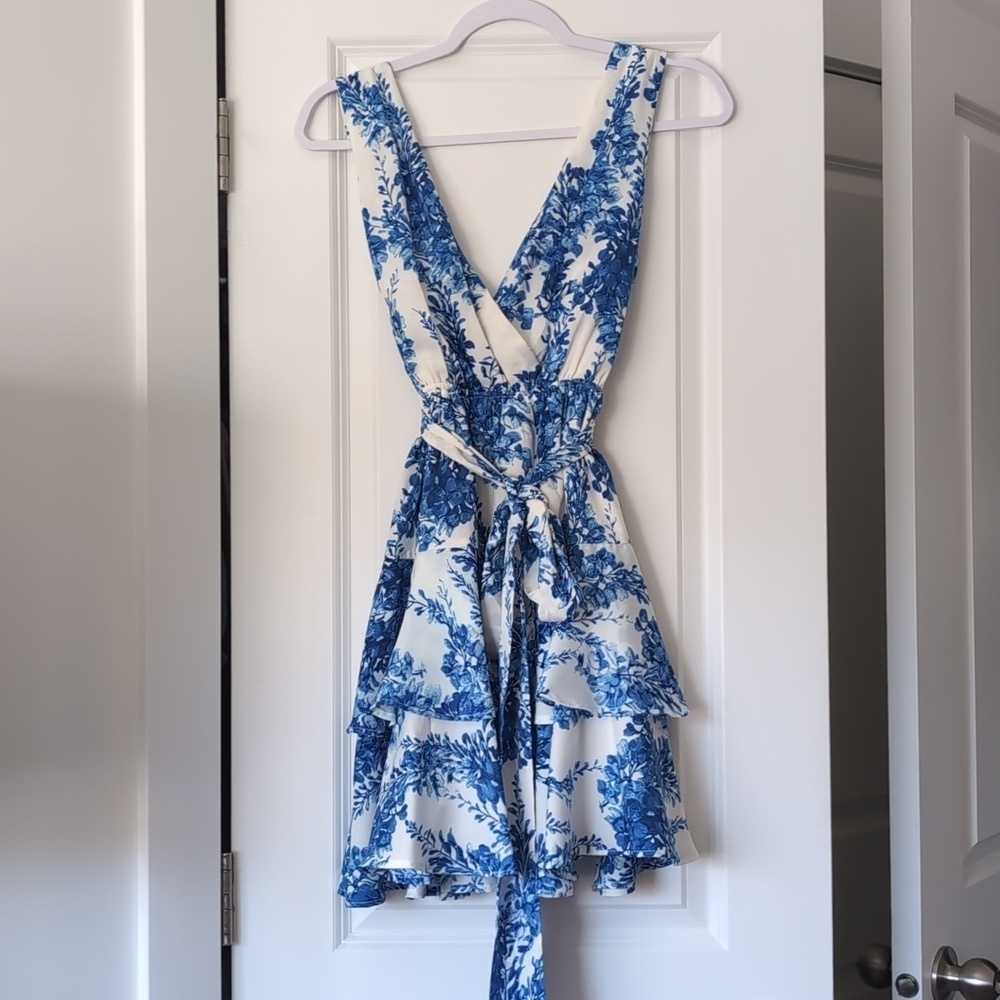 Floral Blue Tie Layered Dress - Picture 2 of 6